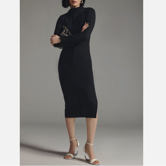 Anthropologie T.La Black Long Sleeve Ribbed Mock Neck Side-Slit Midi Dress - Picture 1 of 8